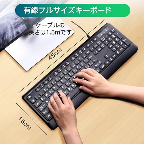 大きめの文字のバックライト付きキーボード、静かなUSB有線コンピューターキーボード、光るホワイトLED付きフルサイズキーボード Windowsデスクトップ、ノートパソコン、PC、ゲームに対応、ブラック (ブラック, 特大)