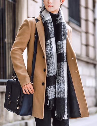 Tanming Mens Black Trench Coat Notched Lapel Single Breasted Long Peacoat Overcoat2