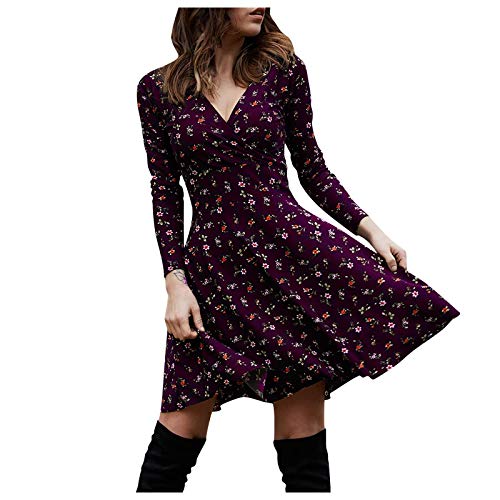 Kleid Damen Winter, Female Tunika Print Blumen Langarm Kleid V-Ausschnitt A-Linie Midi Kleider mit Gürtel Freizeitkleid Kleid mit Blumen-Muster...