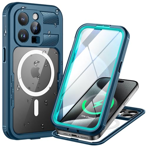 Lanhiem para Funda iPhone 15 Pro MAX Impermeable IP68, Magnética Carcasa 360 Grados Antigolpes Robusta Militar Completa Estanca Antipolvo con Protector Pantalla, Azul