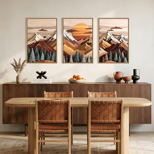 Image of KAIRNE Woodcut Style Mountain Framed Canvas Wall Art Set,Wooden Pine Tree Wall Decor,Vintage Forest Landscape Art Prints,Nature Sunrise Artwork for Living Room,Bedroom,Farmhouse,Office-24 x36 x3