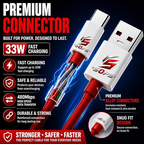 Image of 33W Fast Charger Type C Cable | USB To Type C Cable Fast Charging | C Type Charger Cable | Compatible Poco & OnePlus Original Cable | Red Colour 1 Meter Cord