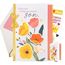 Decorably Gold Foil 5x7in Handmade Individual Happy Mothers Day Card from Son with Floral Cutouts, Ribbon, Matching Envelope and Stickers for Mom, with Printed Message Inside - Gifting, Mailing