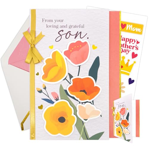 Decorably Gold Foil 5x7in Handmade Individual Happy Mothers Day Card from Son with Floral Cutouts, Ribbon, Matching Envelope and Stickers for Mom, with Printed Message Inside - Gifting, Mailing