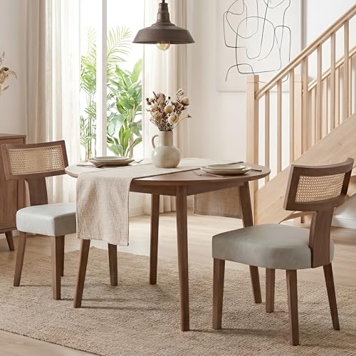 Image of HNY Mid Century Modern Rattan Dining Chairs Set of 2, Farmhouse PU Leather Upholstered Accent Chair Curved Backrest Kitchen Chairs, with Hardwood Frame, Grey