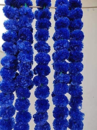 Image of Artificial Marigold Flowers | Genda Phool for Decoration | Genda Phool Mala | Marigold Garland (5 Pieces) (Blue)