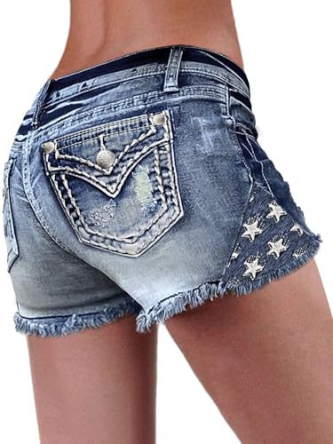 Flamingals Jean Shorts for Women Ripped Denim Low Waist Distressed Raw Hem Skinny Stretchy Shorts Mid Blue M
