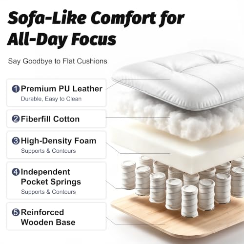 Image of Efomao Executive Office Chair 400lbs,White Big and Tall Desk Chair | Mattress-grade pocket spring cushion, sleek leather, 135 recline & footrest for computer gaming setup.