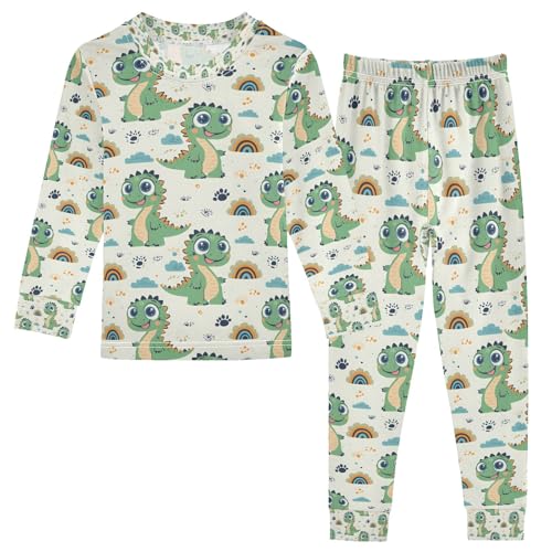 senya Green Dinosaur Rainbow Pajamas Set Long Sleeve Soft Cotton Sleepwear 2 Piece