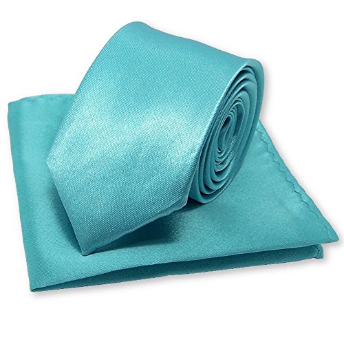 cravate étroite et slim bleu turquoise et pochette costume, finitions main