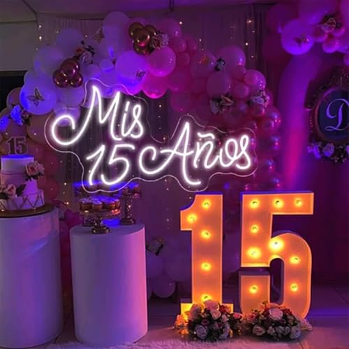 Image of Mis 15 Anos Neon Light Custom 15th Birthday Party Led Neon Light Signs Decor, Mis Quince Party Wall Decor, Sweet 15 Quinceanera Party Sign Gifts - for Her. Size:19.5x10inch- USB Powered (White)