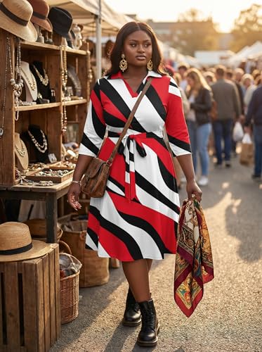 Image of FANDEE Plus Size Midi Dress for Women - Printing Summer Dresses for Wedding Guest Cocktail Party 3 /4 Sleeve V Neck(L-5XL)