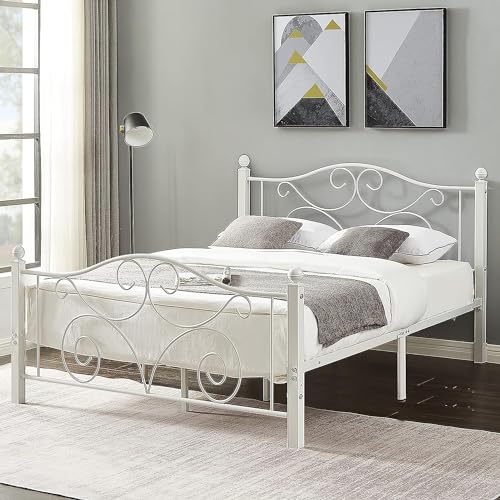 Image of VECELO Queen Size Bed Frame with Headboard and Footboard, Heavy Duty Metal Slat Support, Platform Mattress Foundation, No Box Spring Needed, Easy Assembly, White