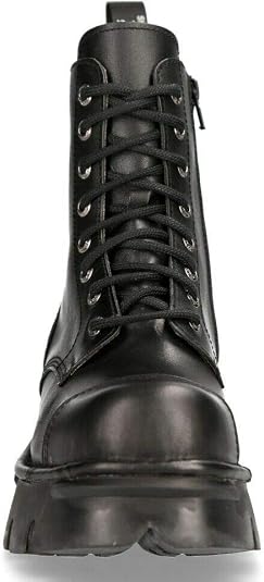 New Rock Men's Metallic Combat Boots - Black Leather Military Biker Punk Ankle Boots