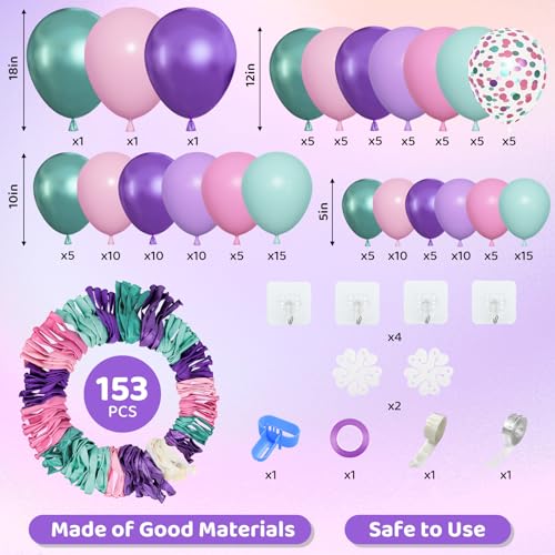 Image of Amandir 153pcs Mermaid Balloon Garland Arch Kit Different Sizes | 18 12 10 5 inch Purple Pink Green Latex Metallic Confetti Balloons for Girl Ocean Themed Party Decorations