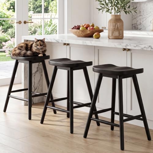 Image of HNY Backless Black Bar Stools Set of 3, Modern Counter Height Barstools 24 Inch Rustic Farmhouse Bar Height Saddle Stools with Ergonomic Seat, Wooden Stools for Kitchen Counter Island
