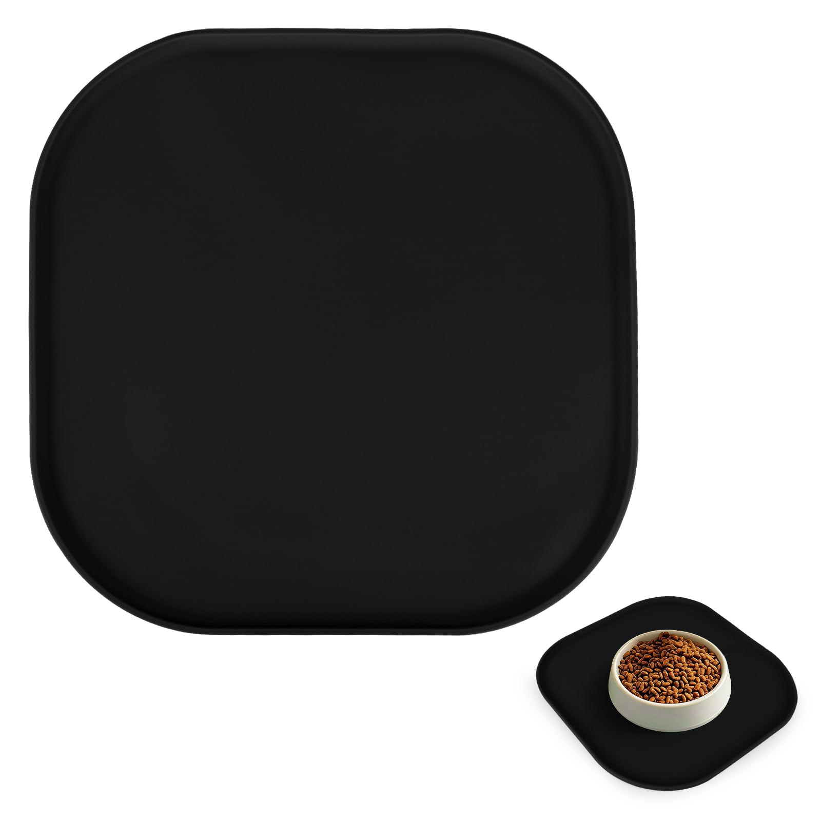 LOURCQVO 2 Pack Silicone Cat Food Mat, Waterproof Nonslip Small Dog Bowl Mat with Lip for Food and Water Prevent Spills, Square Feeding Tray for Pet Puppy Kitten, Black