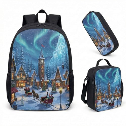 Mochila feminina Aurora Ice Castle de 43 cm, conjunto de 3 peças, fantasia de inverno, cenário noturno, cenas noturnas, bolsa para laptop, 01, Large, Mochila estampada