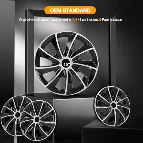 OCPTY Car Wheel Rim Skin Cover Hub Caps Hubcap Wheel Cover Gloss Black & Silver Replacements for OEM Steel Wheels, High Grade ABS with Retention Ring 4 Pack 15 inch - Image 3