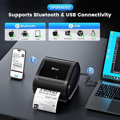 Phomemo D520BT printer connected via Bluetooth to a smartphone and via USB to a laptop, showing compatibility with iOS, Android, iPad, Mac, Windows, Chrome, and Linux.