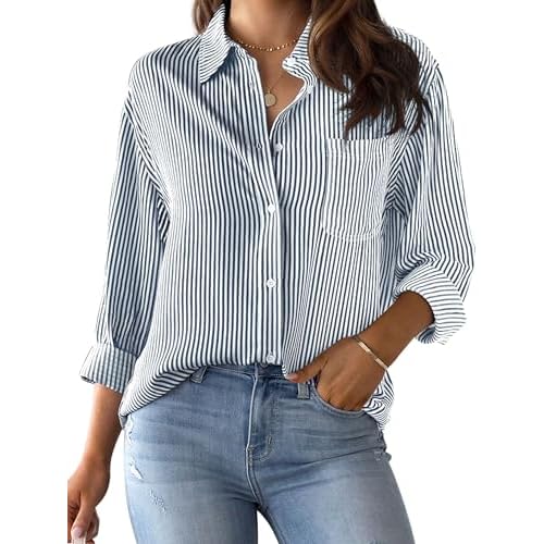 Women's Striped Button-Down Shirt Long-Sleeve Casual Collared Blouses Office Shirt Tops X-Large 00027_dark Blue