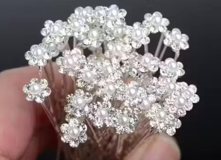 Pearl & Crystal Bridal Juda Pins for Women | Decorative Flower Hair Pins for Bun & Hairstyle | Wedding, Party & Festive Hair Accessories (Pack of 12, Silver)