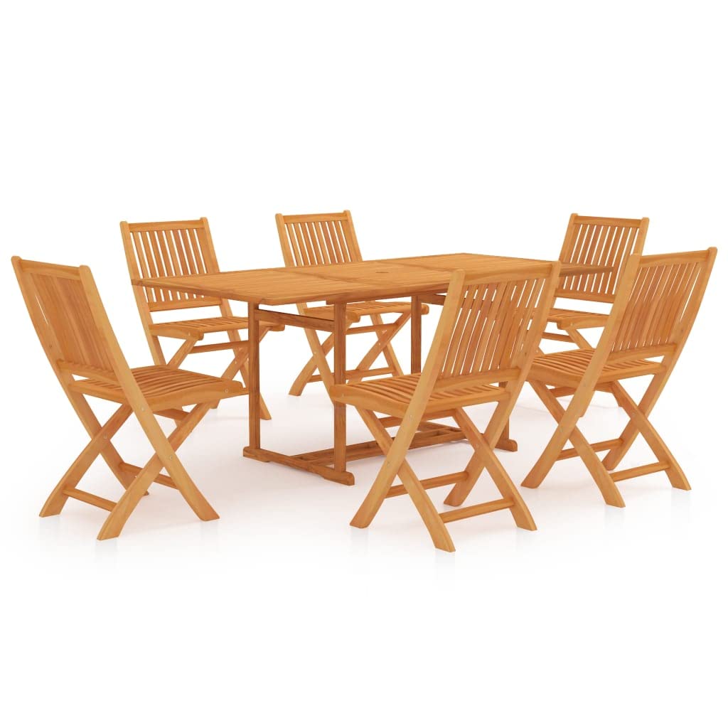 Set di mobili da giardino in teak massiccio, 7 pezzi, sedie pieghevoli con sedili e schienali curvi, foro per ombrellone, fino a 110 kg per seduta