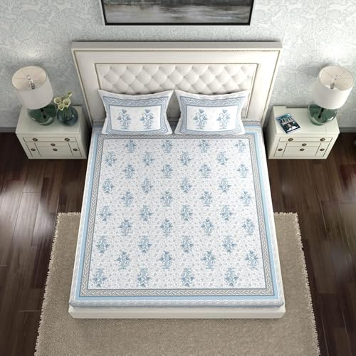 Image of La Verne 140 TC 100% Cotton King Size Jaipuri Rajasthani Print Bedsheet with 2 Pillow Covers (Light Blue)