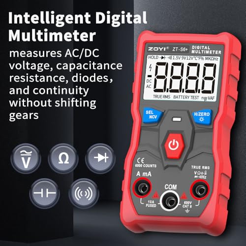 Image of ZOYI ZT-S6+ Digital Multimeter, 6000 Counts True RMS, Auto-Identify Measures AC /DC Voltage, Resistance, Capacitance, Continuity and Diode with Non-Contact Voltage Function-Red