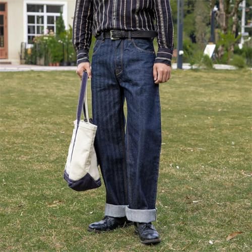 Men’S Casual Loose Fit Selvedge Denim Full Length Jeans Button Fly Midweight Striped Vintage Cinch Back2