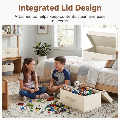 Image of StorageWorks Storage Bins with Lid, Decorative Fabric Storage Bins with Handles, Stackable Closet Organizers for Shelves and Bedroom, Small, Beige(Cotton Linen), 2-Pack