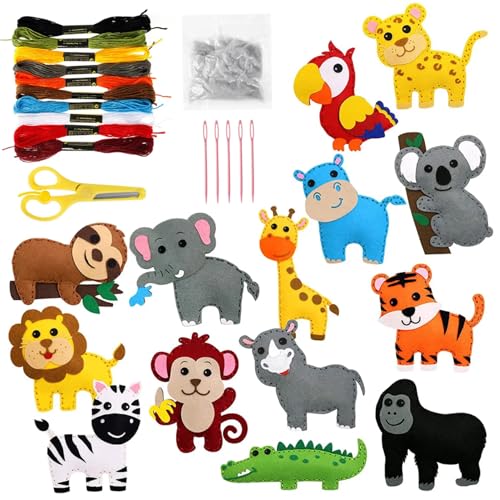 Hperu Kit de costura de animales divertidos, kit de costura para niños de 14 piezas con lindo fieltro de animales, juego de divertido de fieltro para niños, adornos artesanales y juguetes educati