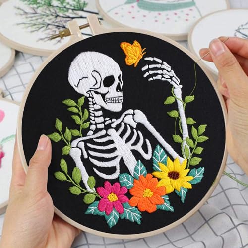 Image of Louise Maelys Halloween Embroidery Kit with Skeleton, Flower and Butterfly | DIY needlepoint kit complete set, the cross stitch kits includes fabric hoop threads needles and instructions
