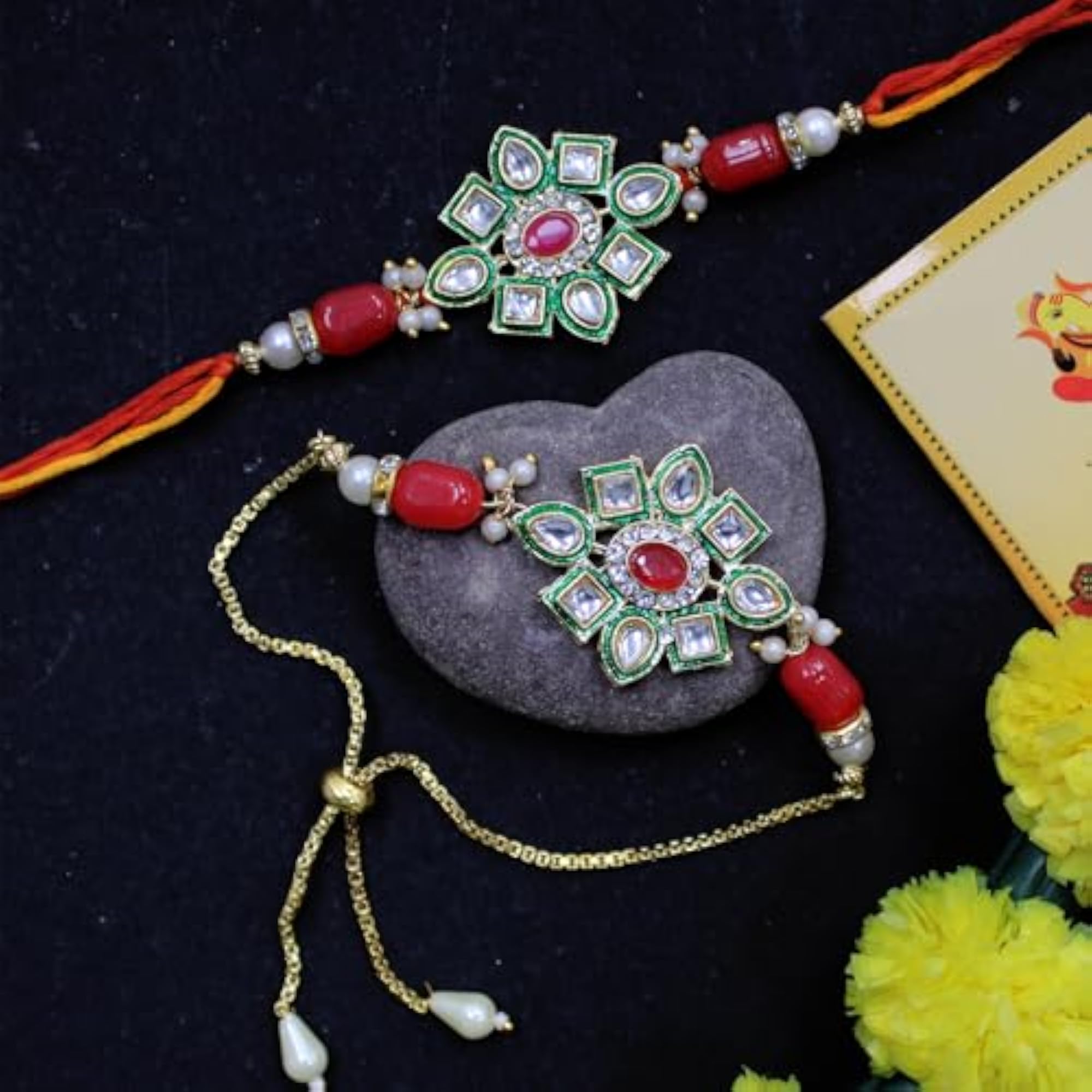 Designer Kundan Pearl Couple Rakhis Set of 2