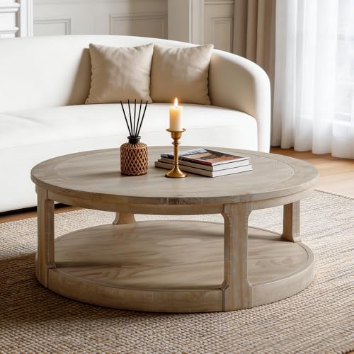 WILLIAMSPACE 40 Round Coffee Table with Wheels Circle 2 Tier Solid Wood Center Coffee Table Mid Century Retro Farmhouse Rounded End Table for Living Room Apartment 40 x 17.52 H (Oak)