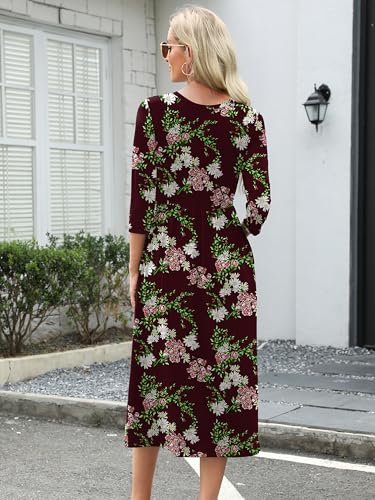 Image of Heymoments Women's Casual 3 /4 Sleeve Midi Dress Crewneck A Line Tiered Flowy Loose Travel Long Dresses with Pockets