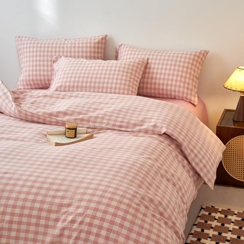 Image of EAVD Vintage Style Gingham Plaid Duvet Cover Queen Pink White Soft 100% Washed Cotton Chic Warm Checkered Bedding Set with 2 Pillowcases Farmhouse Grid Gingham Duvet Cover with Zipper Closure