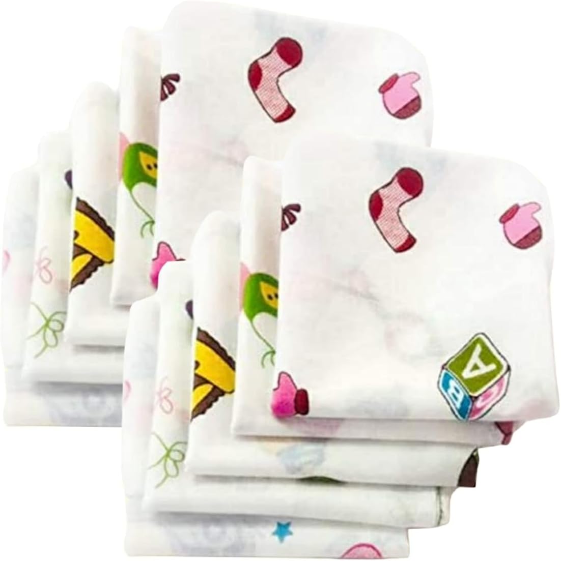TRANCE Home Linen® Super Soft 100% Cotton Thin Malmal Face Towels | Reusable Hygiene Wash Cloth | Napkin for New Babies | Kids Hankies for School use (Small 40x40 cm,Nursery Designs - Pack of 10 pcs)