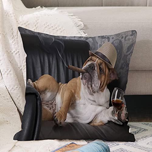 Kissenbezug 45x45 cm,Humorvolle englische Bulldogge, die in einem schwarzen Ledersessel mit,Outdoor Kissen Kissenbezüge Kissenhülle Sofa Kissen dekokissen...