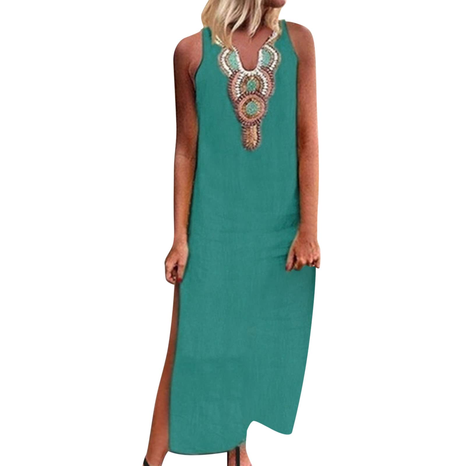 Surttan Vestidos Mujer Largo Elegantes Boda Invitada Vestidos Casual Baratos sin Mangas Mujer Fiesta de Verano Talla Grande Mujer Baratos Tiras Vestido con Escote elástico Vestido Cómodo de Playa
