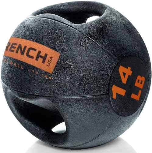 French Fitness Dual Grip Medicine Ball w/Handles – Reinforced Rubber, Textured Grip, Durable Design for Strength Training & Conditioning (14 lb)