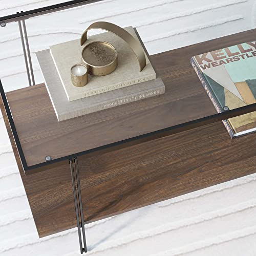 Image of Nathan James Asher Mid-Century Rectangle Coffee Table Glass Top and Wood Finish Storage Shelf with Matte Metal Legs, Warm Walnut /Black