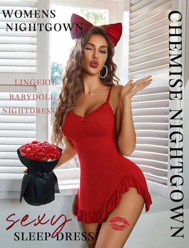 Image of Avidlove Lingerie for Women Sexy Nightgown Modal Nightwear Side Slit Babydoll Chemise Spaghetti Strap nighties