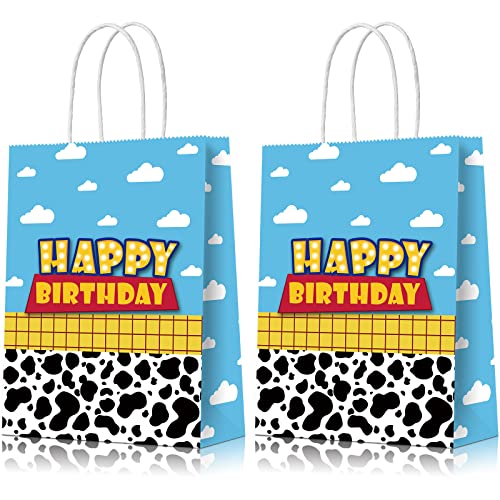 16 Pcs Cow Print Birthday Party Favor Bags Cow Pattern Birthday Goodie Treat Bags Party Supplies Blue Sky White Cloud Kraft Paper Candy Gift Bags with Handle for Kids Birthday Party Decorations