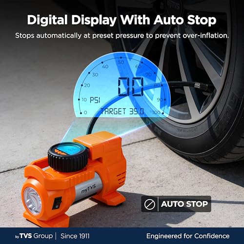 Image of myTVS Air Thunder Digi Tyre Inflator for Car and Bike with LED Torch (100 PSI, Auto Stop, Digital Meter, Durable Metal Body, 3m Cord) | Air Pump for Car Tyre Inflator Pump TI-88, 1+1 Years Warranty