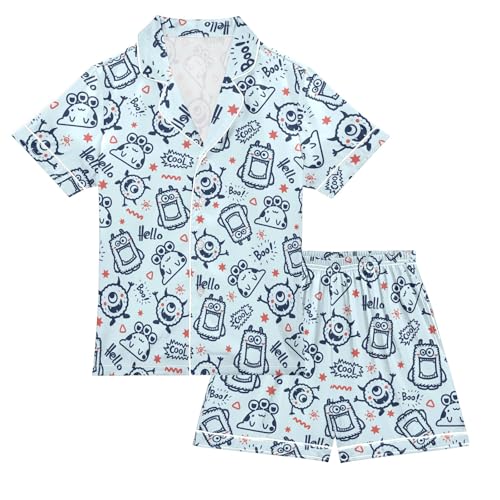 Cute Blue Monster Prints Summer Satin Pajama Set, Cute Button-Down Sleepwear Pj Set for Sleep Wears