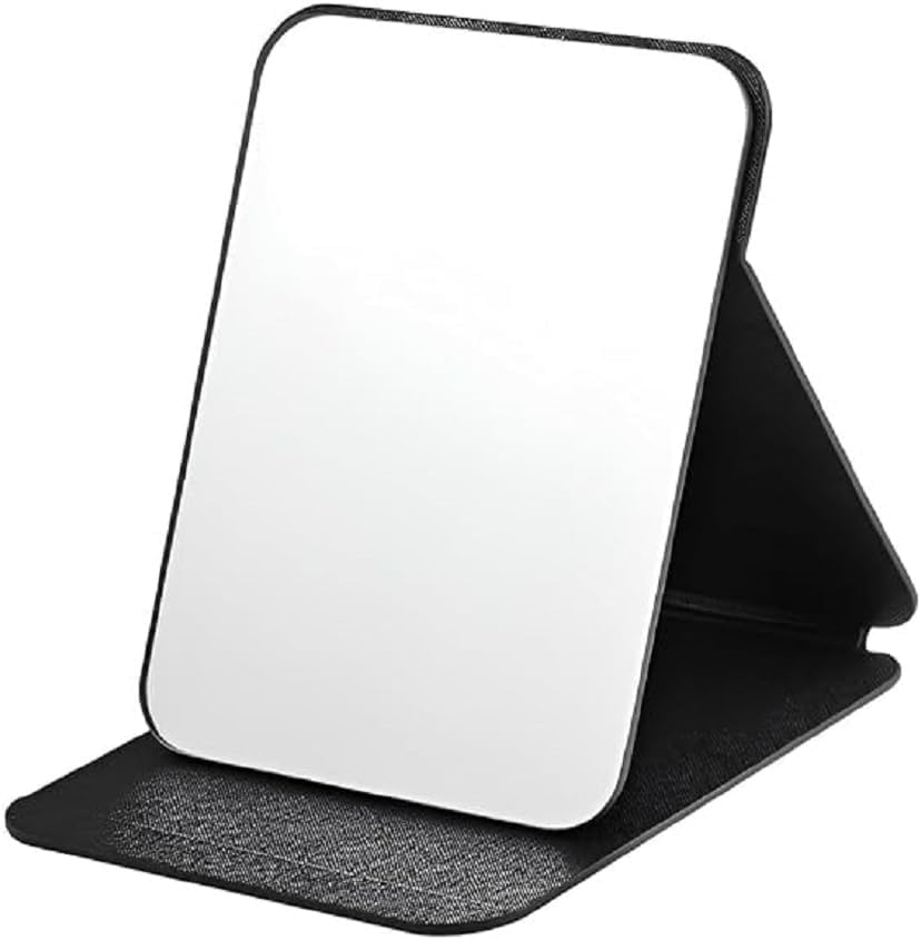 Foldable Makeup Mirror with Stand, Compact Portable Folding Free Standing Travel Vanity Mirror, Frameless PU Leather (Black)