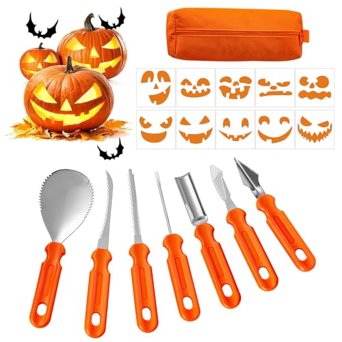Fiyuer Halloween Kürbis Schnitzset, 7 Stück Kürbis Schnitzen Werkzeug mit 10 Stück Kürbis Schnitzvorlagen, Edelstahl Schnitzwerkzeug Kürbis mit Tragetasche, Kürbis Schnitzset Kinder und Erwachsene