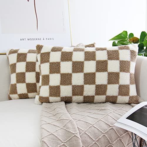 Image of JOJUSIS Decorative Throw Pillow Covers Luxury Style Checkerboard Pattern Cushion Case Super Soft Faux Fur Wool Pillowcases for Couch Bedroom Pack of 2 (Khaki, 12 x 20-Inch)