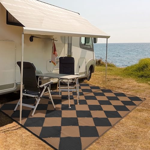 Garvee Outdoor Rug Waterproof 9x12 Reversible Outdoor Plastic Straw Rug Oriental Medallion Patio Rug Indoor Outdoor Carpet RV Mat for Deck Backyard Patio RV Camping Beach (Black and Brown)